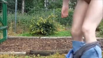 Adorable petite blond girl 18+ defecating outdoors