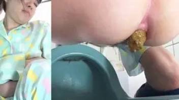 Asian girl in pajamas poops