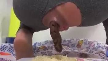 Babe poop into pasta through a hole in his pants