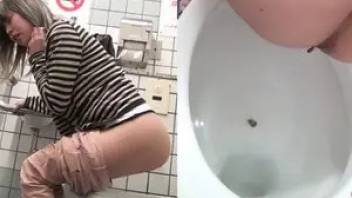 Asian girl pooping in the public toilet