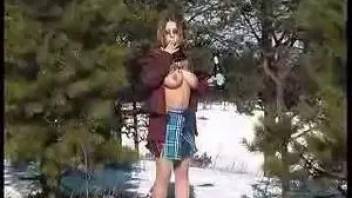 Big tits girlfriend piss of trees in winter