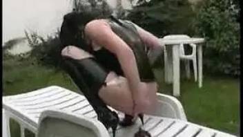 Scat lover girl on the backyard